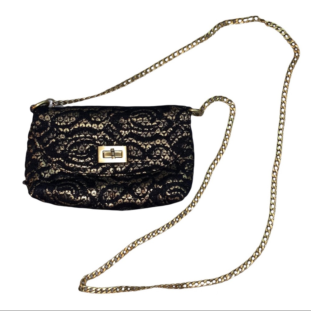 Black Lace & Gold Sequins Mini Gold Chain Crossbody Purse
